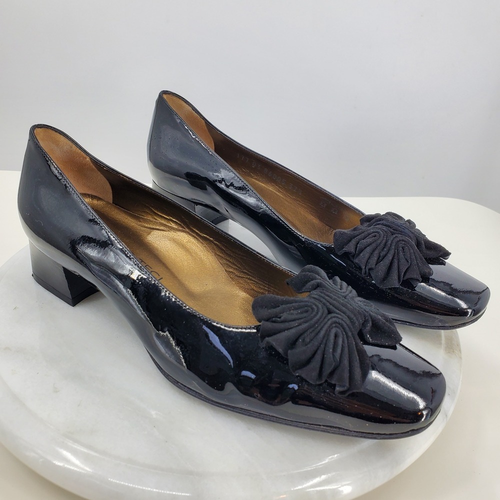 Mauro Teci Black Patent Leather Suede Bow Square Toe Block Heel Pumps 37.5 Italy